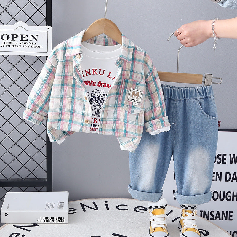 2025 Children's Autumn Outfit Stylish Plaid Shirt Three-Piece Set for 1-3-4 Year Old Boys Korean Style Boys' Clothing