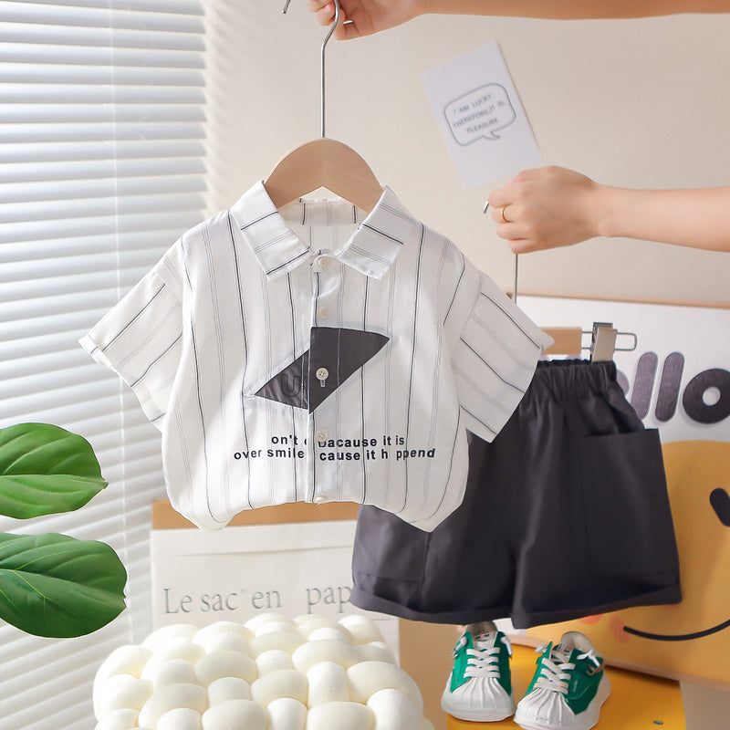 Boys' Outfit 2026 New Model 1-3 Year Olds, Summer Style for Toddlers, English Striped Short Sleeve Shirt Two-Piece Set