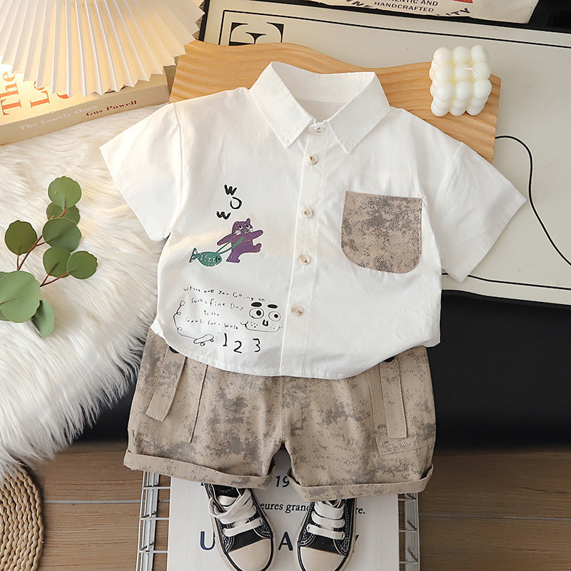 Stylish baby boy outfit for 1-5 year olds, summer two-piece set with a cute cat print short-sleeve shirt and collar