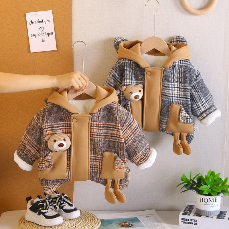 Boys' 2025 New Thickened Fleece Cartoon Pocket Bear Stylish Versatile Single Piece Plaid Jacket