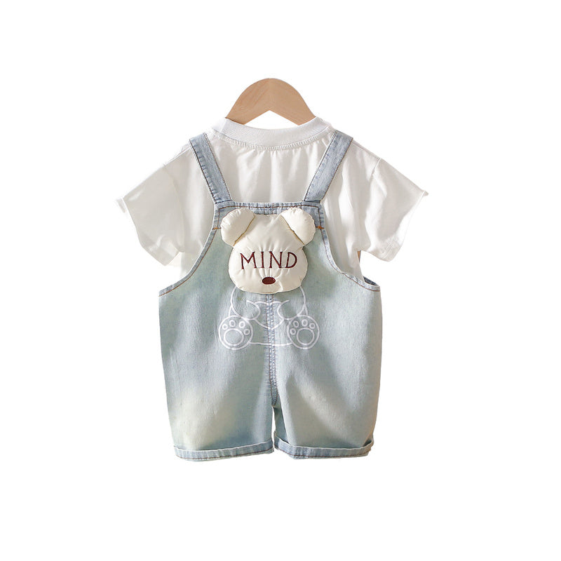 Boys' Outfit 2026 New Trendy Children's Bear Denim Overalls Short Sleeve Baby Korean Style Summer Clothes