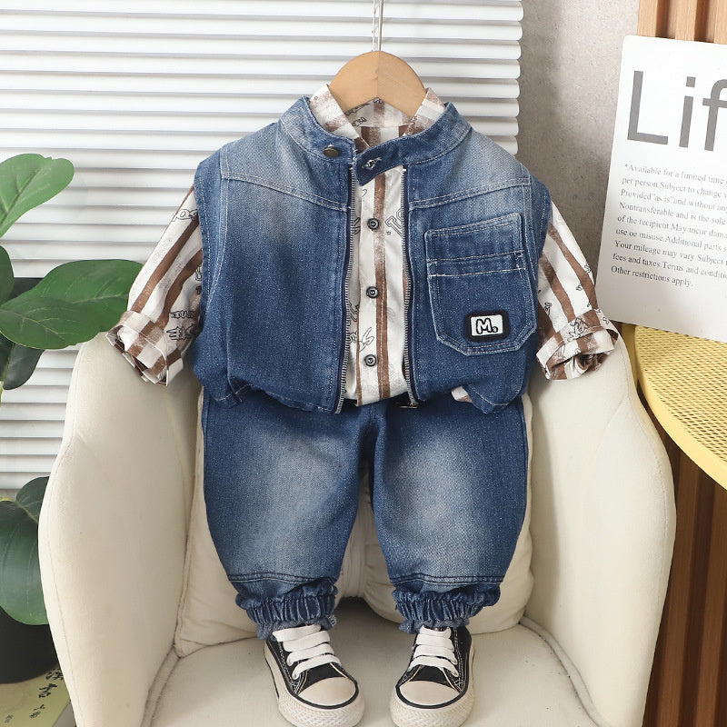 Baby clothes and autumn, Korean-style long-sleeve striped zip-up vest three-piece set for boys, stylish spring outfit