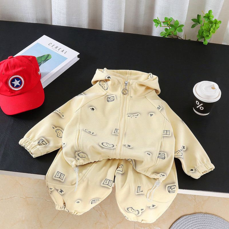 Girls' outfit with all-over cat print, two-piece set, stylish spring clothing for babies and toddlers, trendy Korean-style clothes