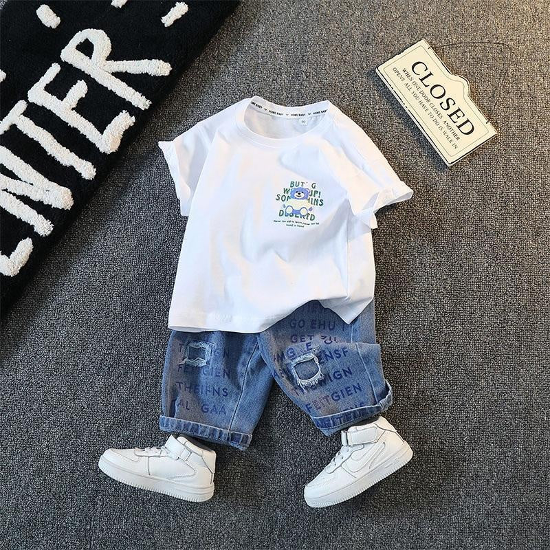 Boys' Summer Outfit 2025 New Fashionable Children's Short Sleeve Set, Stylish Baby Denim Shorts Two-Piece Set