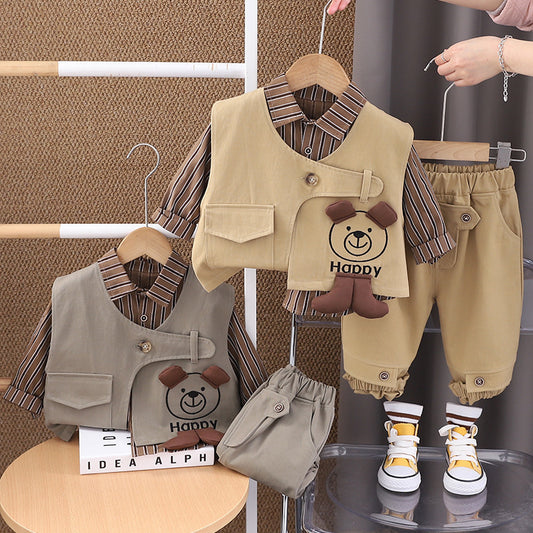 and Autumn Long Sleeve 2025 Spring New Workwear Bear Vest Three-Piece Set 1-5 Years Old Children's Clothing