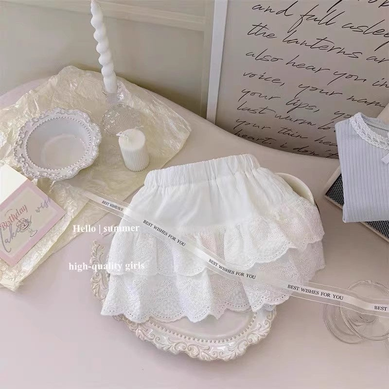 Girls' 2026 Summer New Cream Blue Top Short Sleeve Ballet Lace Skirt Baby Girl Korean Style Outfit