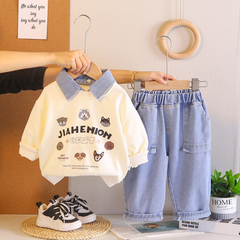 Boys' Suit 2026 New Spring and Style Children's Fashionable Clothes Baby Autumn Cartoon POLO Shirt Two-Piece Set Trendy