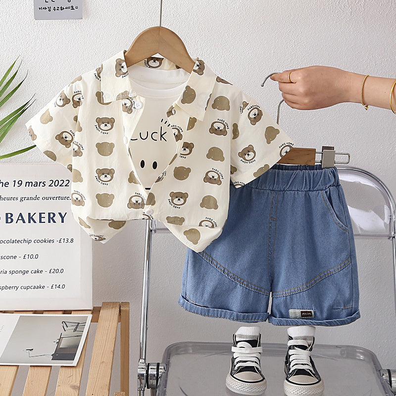 Boys' Outfit 2026 New Stylish Children's Summer Short Sleeve Baby Bear Head Three-Piece Set Trendy
