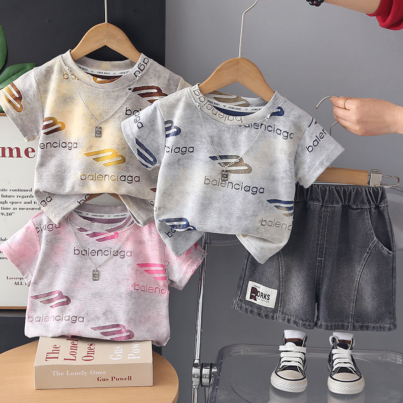 Boys' Stylish Outfit 2026 New Model for Toddlers, Lightweight Summer Wear with Jacquard Letter Print Short Sleeve Two-Piece Set