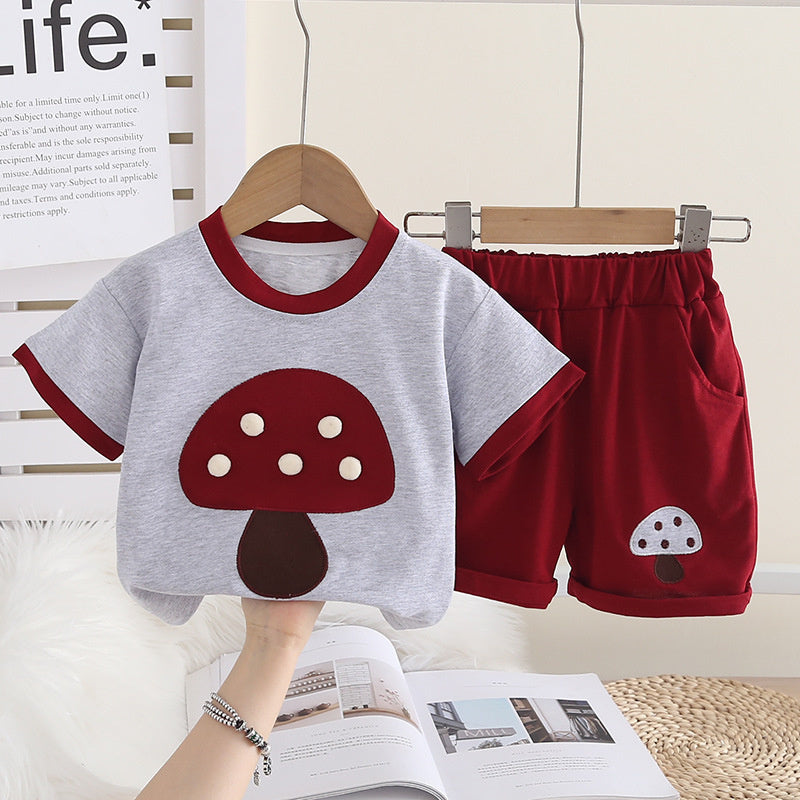 Boys' Outfit 2026 New Style Children's Summer Clothes for Toddlers, Trendy Cute Mushroom Short Sleeve Two-Piece Set