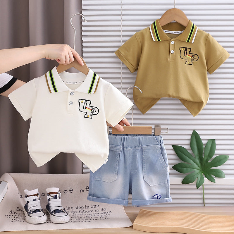 Boys' Outfit 2026 New Korean Style Children's Summer Thin Letter Print Shirt Two-Piece Set Trendy