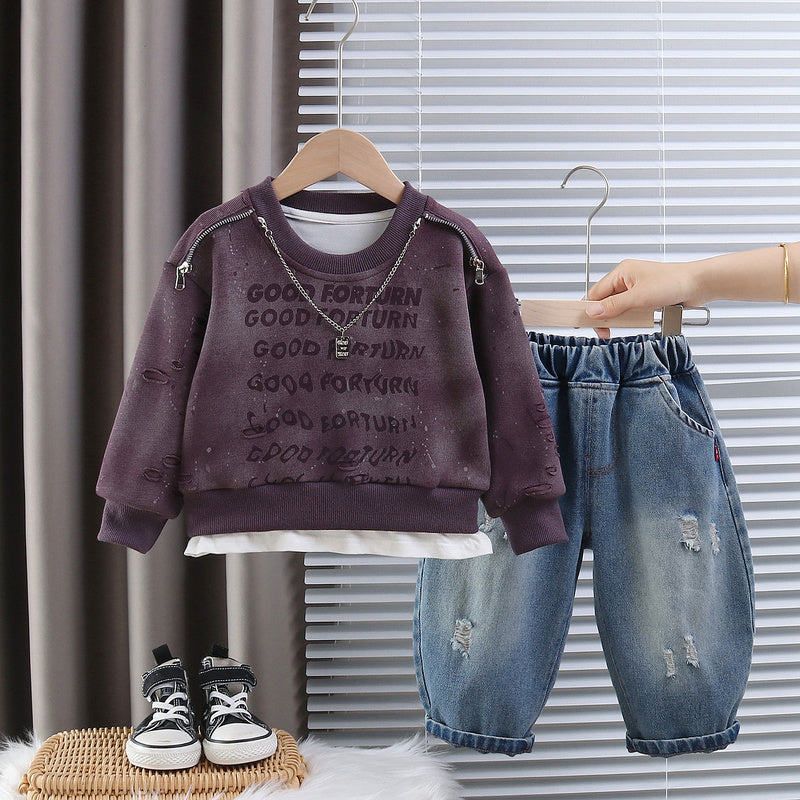 Boys' Spring and Autumn Sweatshirt 2026 New Fashionable Baby Fall Outfit with Full Letter Print on the Chest, Two-Piece Stylish Set