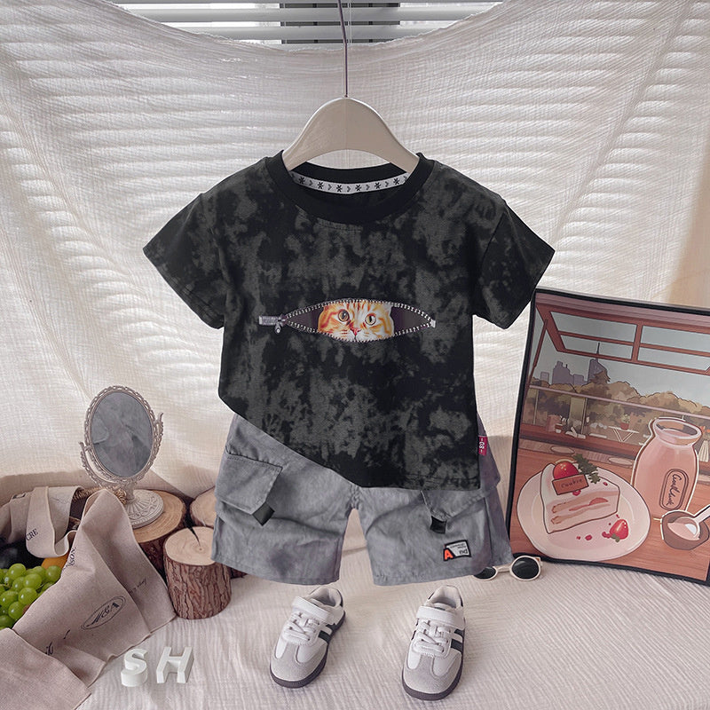 Zipper Cat Short Sleeve 2026 New Children's Outfit Baby Two-Piece Set Boys' Summer Fashion
