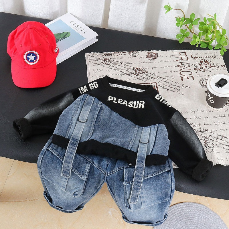 Boys' Outfit 2026 New Fashionable Two-Piece Set with Straps Patchwork Sweatshirt for Toddlers in Spring and Autumn