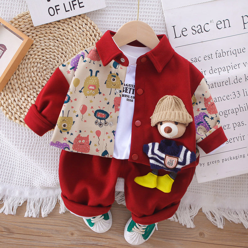 Children's Clothing Boys Spring and Autumn 2025 New Fashionable Baby Patchwork 3D Bear Three-Piece Set Dropshipping