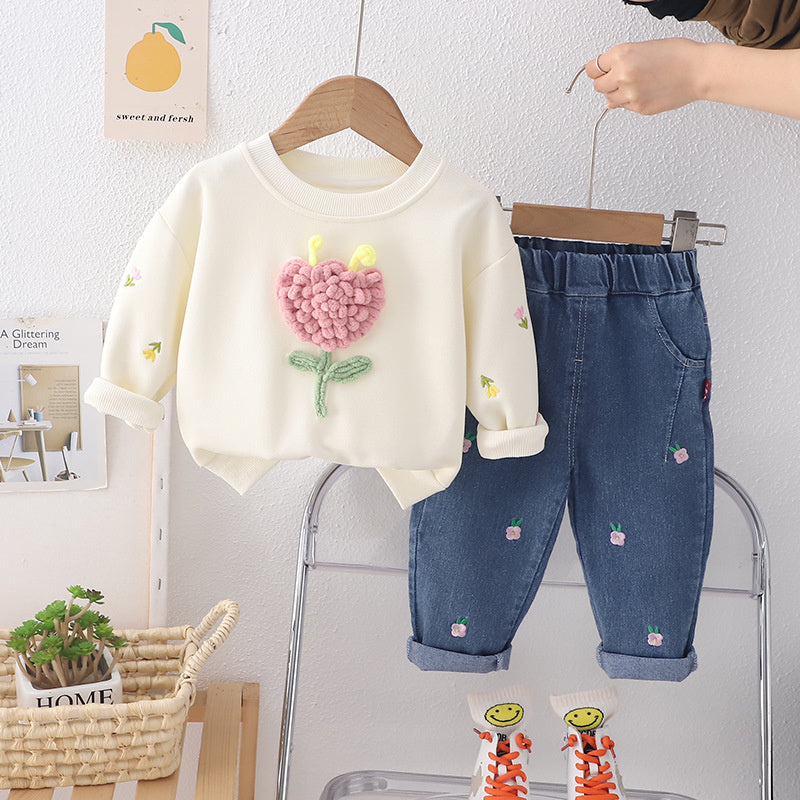 Girls' Outfit 2024 Spring and Autumn New Korean Style Fashionable Toddler Floral Round Neck Long Sleeve Two-Piece Set