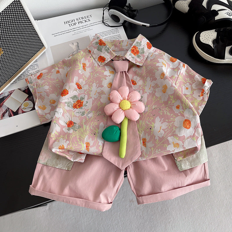 Boys' Summer Outfit 2026 New Style 1-2-3 Years Old, Stylish Floral Tie Shirt Short Sleeve Two-Piece Set for Children