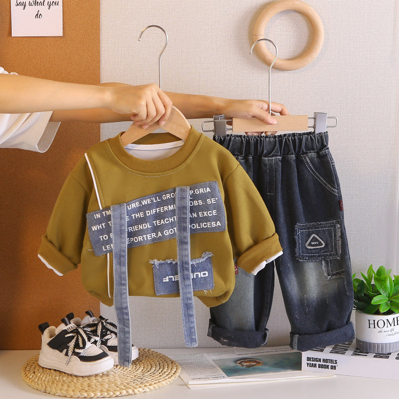 Boys' Outfit, Toddler Baby Spring and Autumn Two-Piece Set, 2026 New Patchwork Sweatshirt, Clothes for Children Aged 1-3 Years