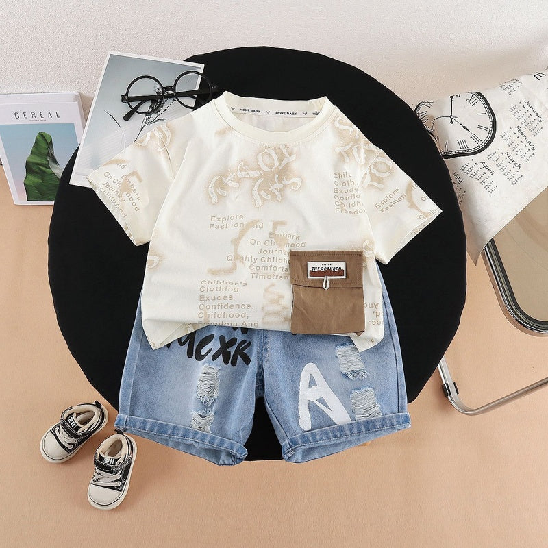 Boys' Outfit 2026 New Style Children's Summer Thin Short-Sleeve Two-Piece Set with Full Letter Print, Trendy and Cool