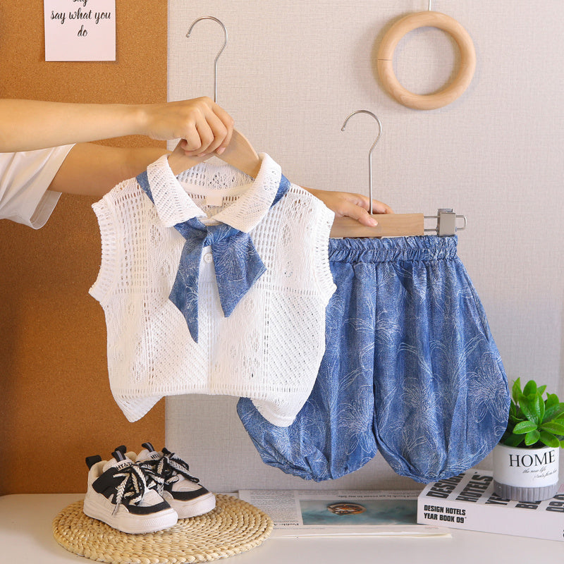 Girls' Summer Hollow Out Sleeveless Silk Scarf Vest Set 2026 New Fashionable Baby Clothes Children's Trendy Clothing
