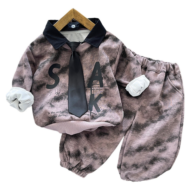 Boys' Outfit Infants Children, New Spring Autumn Style, Stylish Korean Version with Tie and Tie-Dye Long Sleeve Two-Piece Set for Boys