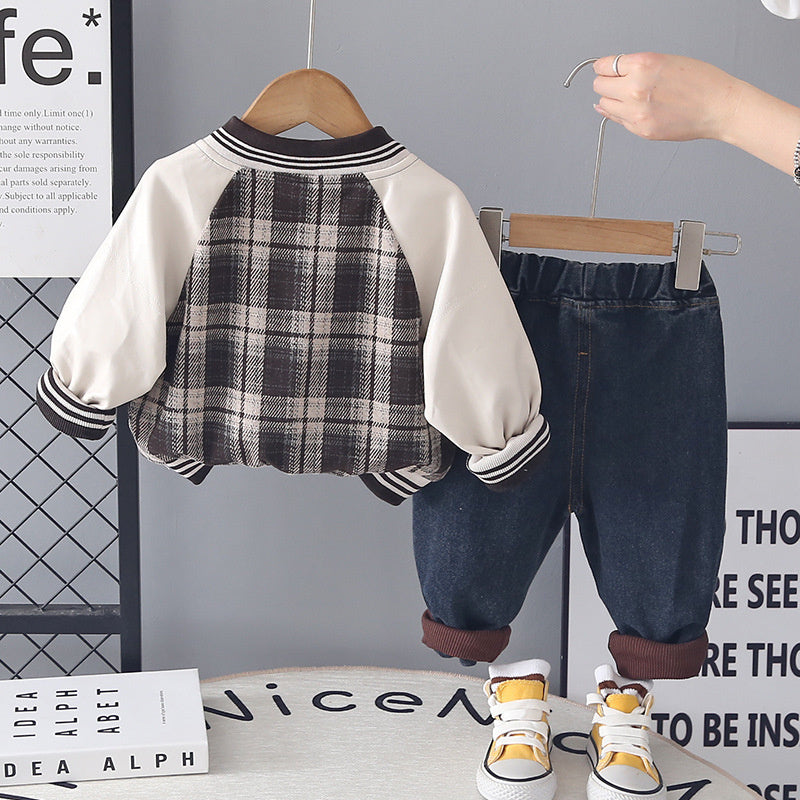 Boys' Spring Outfit Set, Stylish and Trendy 2026 New Clothes, Baby Boy Plaid Jacket Three-Piece Set