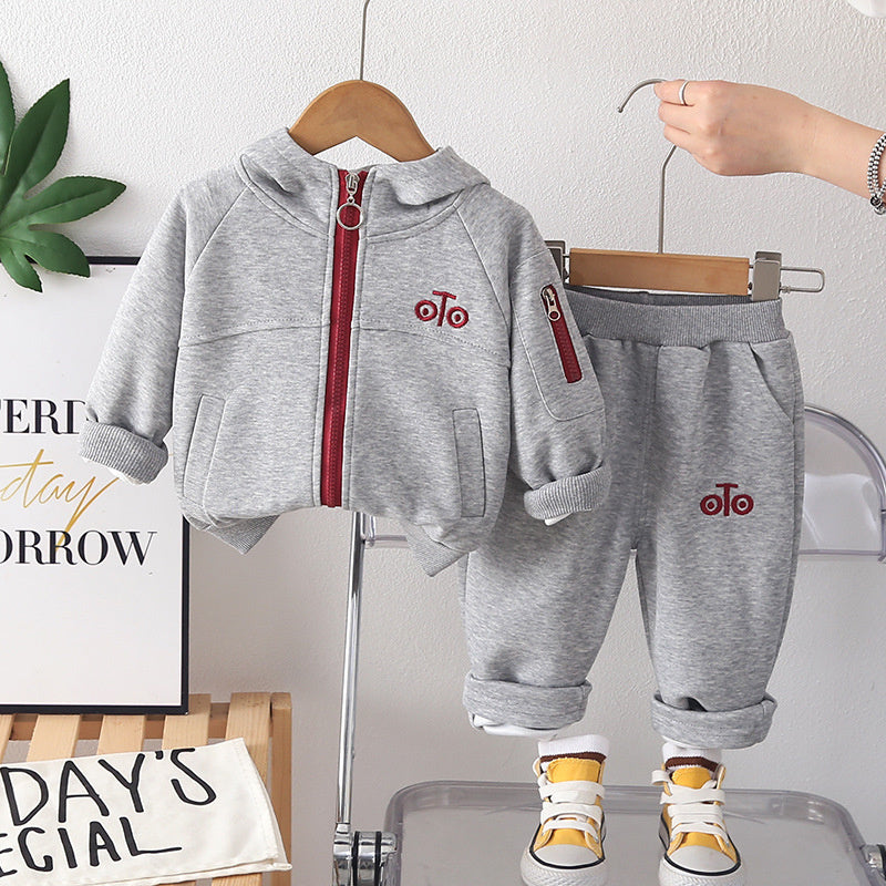 Boys' 2026 Spring Casual Set: Solid Color Hooded Zipper Jacket and Sporty Simple Two-Piece Set with Contrasting Colors