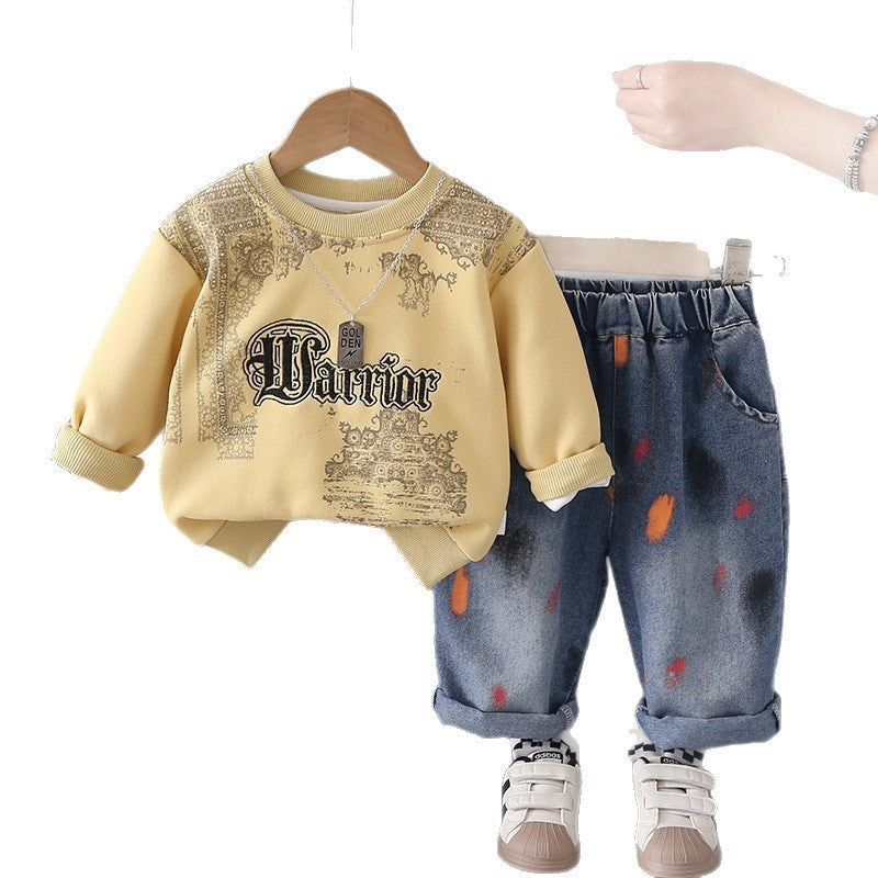 Boys' Autumn Outfit Stylish 2026 New Model, Infant and Toddler Spring/Autumn Printed Sweatshirt, Korean Style Two-Piece Set, Trendy