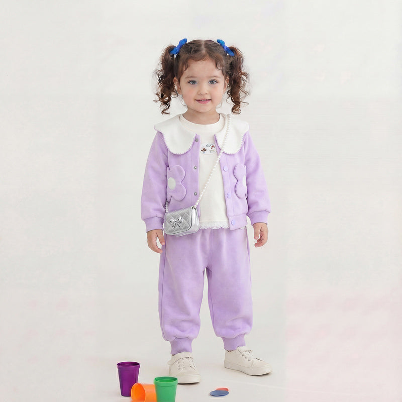 Baby girl autumn outfit set, Korean style fashionable outing clothes, baby floral pocket bag clothing, trendy three-piece set for girls