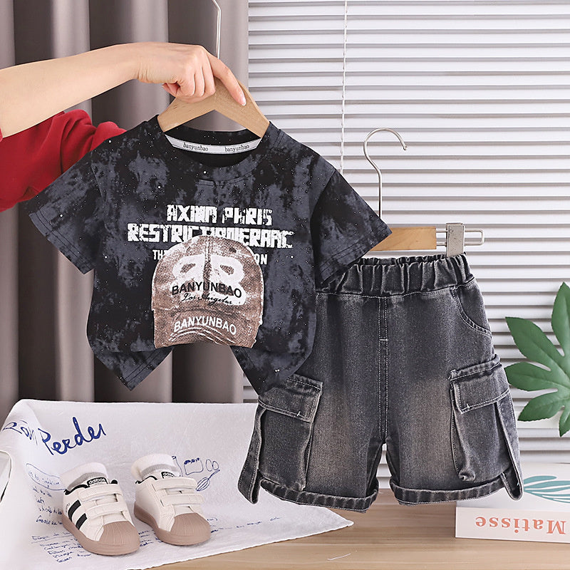 Baby Outfit Set 2026 New Model Boys' Letter Print Hat Short Sleeve Shorts Infant Children's Clothing Stylish for Toddlers in Summer