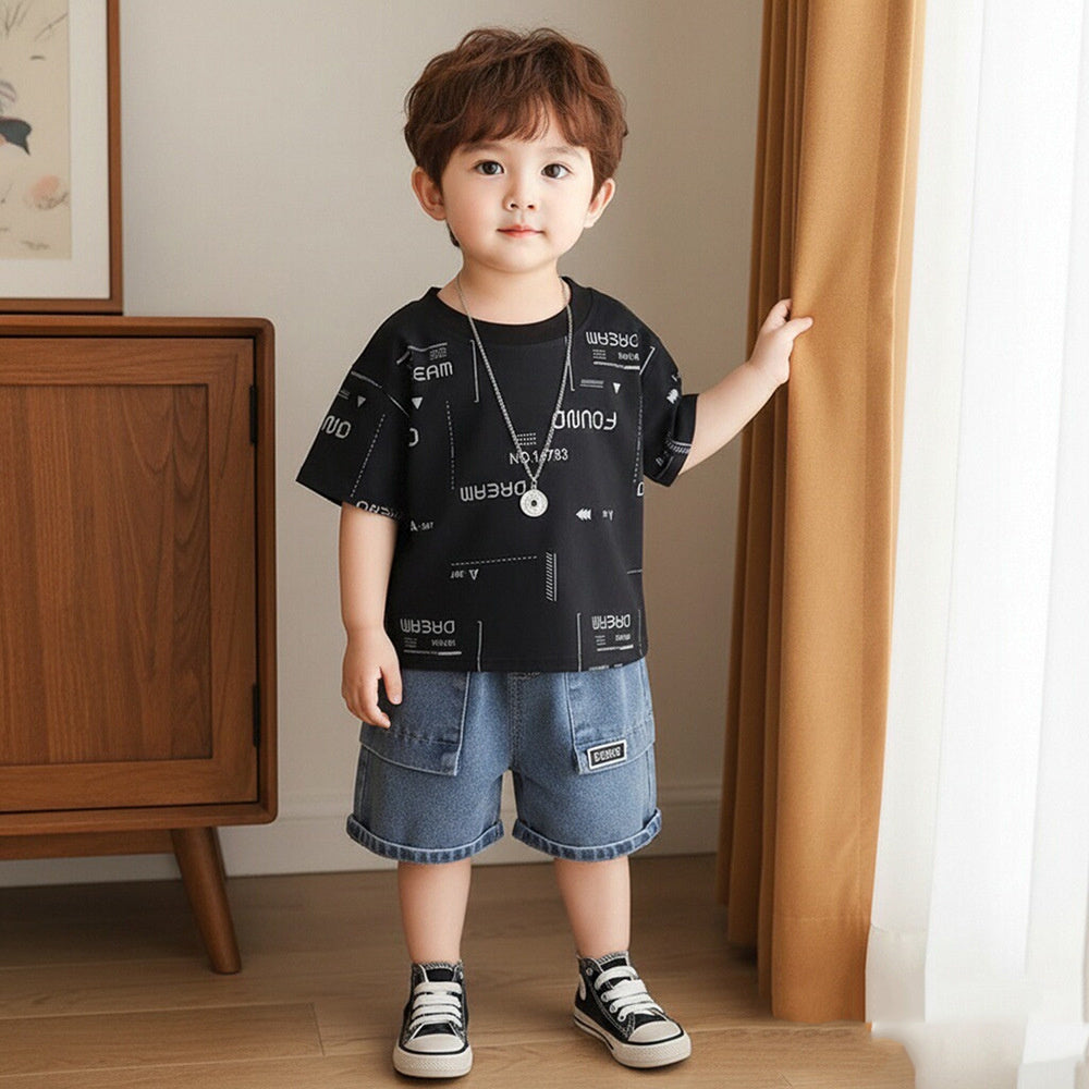 Boys' Summer Outfit 2026 New Fashionable Toddler Stylish Full Silver Letter Print Short Sleeve Two-Piece Set for Boys
