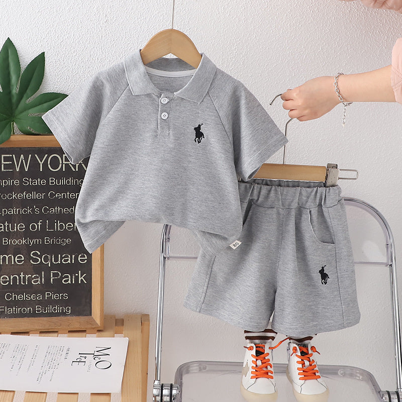 2025 Korean-style children's outfit, new summer model, boys' embroidered polo shirt, baby short-sleeve shorts, stylish two-piece set