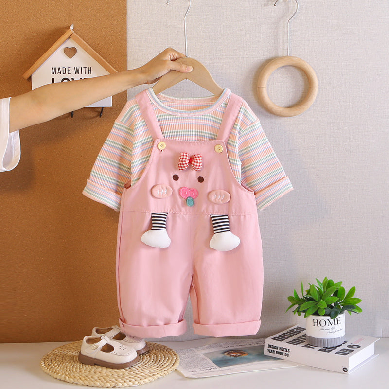 Girls' Spring and Bowknot Overalls Two-Piece Set, Stylish Toddler Clothing for 1-Year-Old Baby Girls, Autumn Outfit