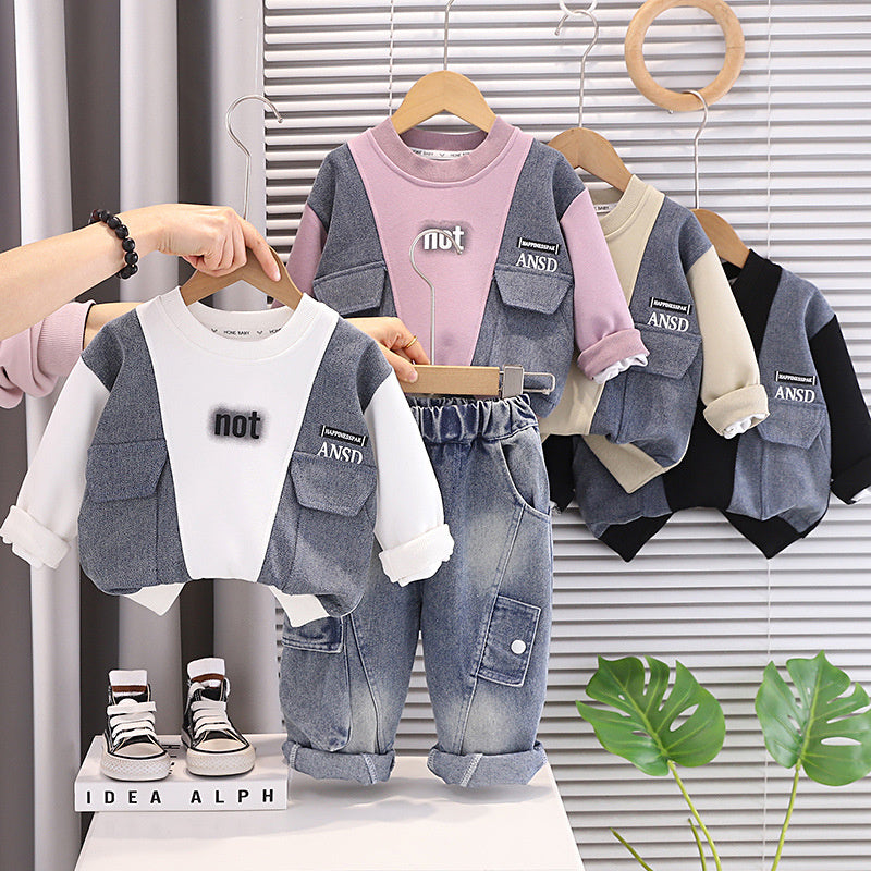 Outfit Set 2026 New Baby Children's Spring and Autumn Denim Patchwork Sweatshirt Two-Piece Boys' Round Neck Clothes