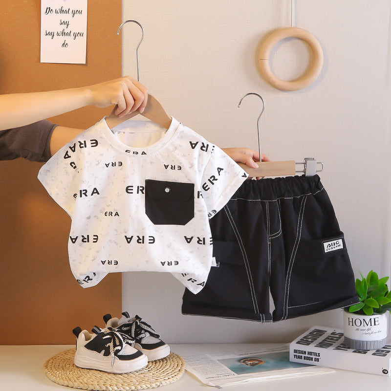 Boys' Summer Short-Sleeve Outfit 2026 New Fashionable Two-Piece Set for Children, Baby Clothes with Full Letter Print, Trendy