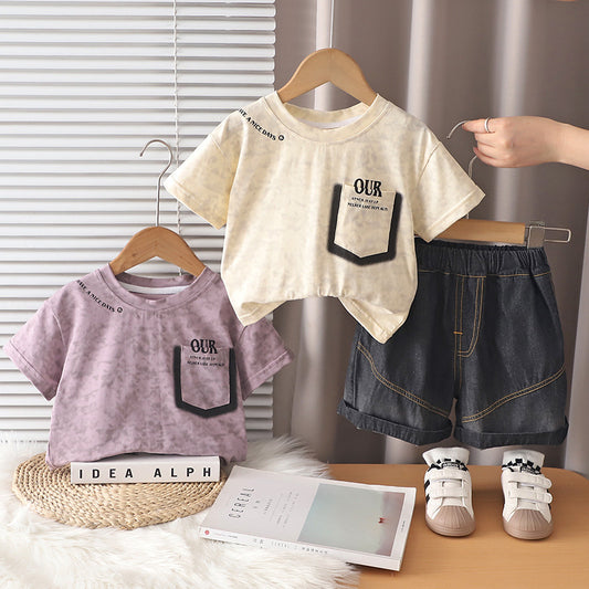 Boys' Outfit 2026 New Style Children's Letter Pocket Short Sleeve Korean Version Baby Summer Thin Two-Piece Set Trendy