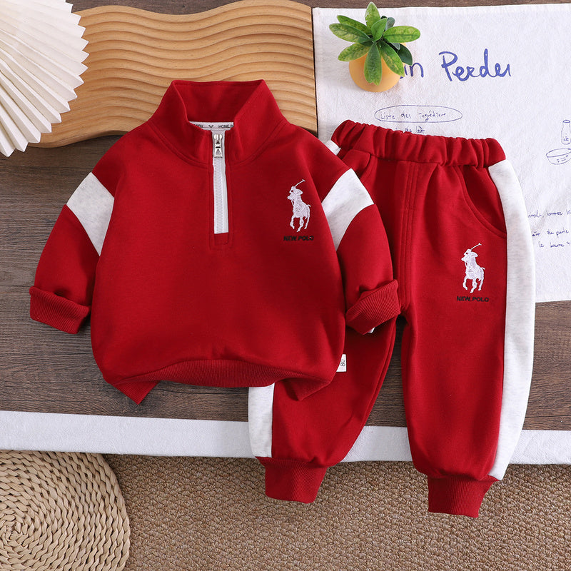 Boys' Outfit Set 2026, New Long-Sleeve Half-Zip Color-Block Two-Piece Set, Fashionable Baby Spring and Autumn Children's Trend