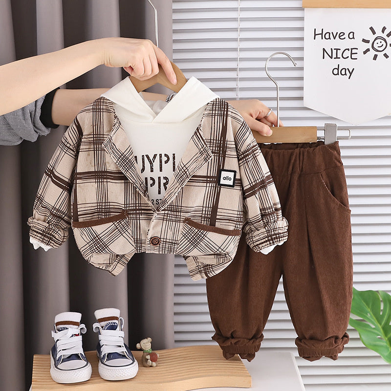 Boys' Suit 2026 New Style Children's Fashionable Clothing Baby Spring and Autumn Hooded Plaid Three-Piece Set Trendy