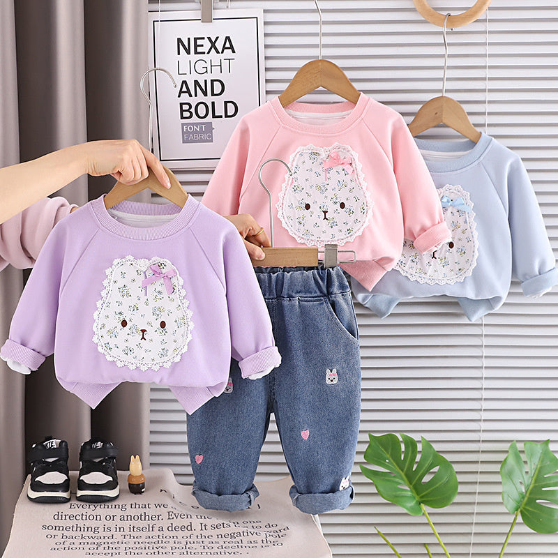 Girls' Stylish Fashionable Autumn Outfit Set 2026 New Baby Spring/Autumn Floral Bunny Sweatshirt Infant Long Sleeve