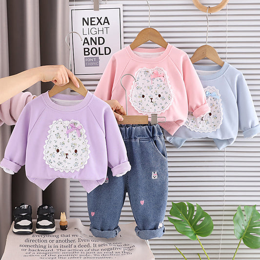Girls' Stylish Fashionable Autumn Outfit Set 2026 New Baby Spring/Autumn Floral Bunny Sweatshirt Infant Long Sleeve
