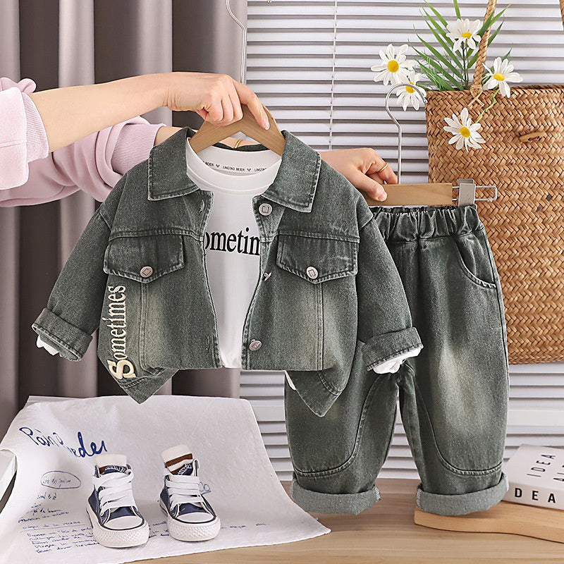 Boys' Outfit with Embroidered Letters, Stylish Baby Denim Spring Autumn Three-Piece Set, New Trendy Infant and Toddler Clothing