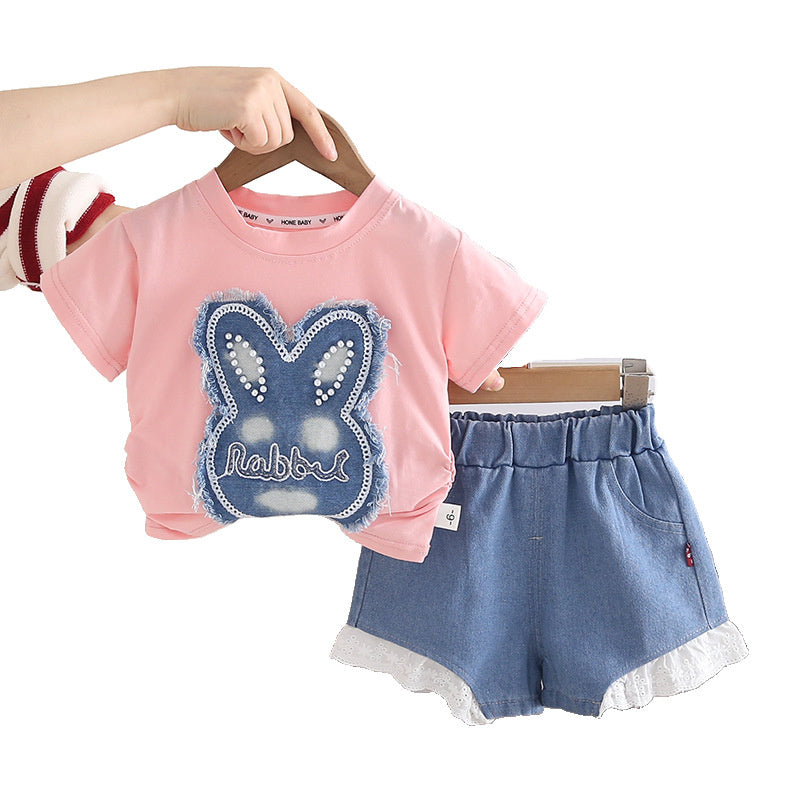 Girls' Rabbit Appliqué Outfit 2026 New Fashionable Summer Infant Clothing for One-Year-Old Baby Girls