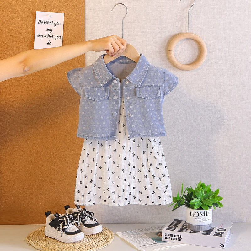 Girls' outfit 2026 new stylish children's short-sleeve bow denim two-piece set baby clothes for summer