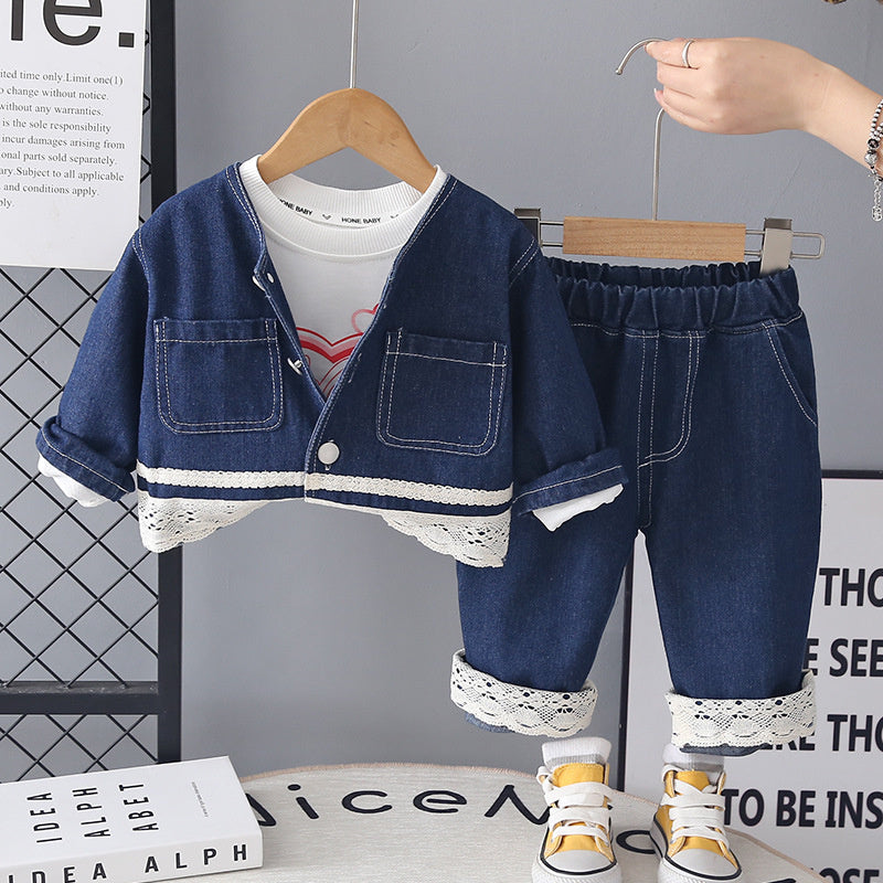 Girls' Outfit 2026 New Children's Patchwork Lace Denim Three-Piece Set for One-Year-Old Baby Spring and Autumn