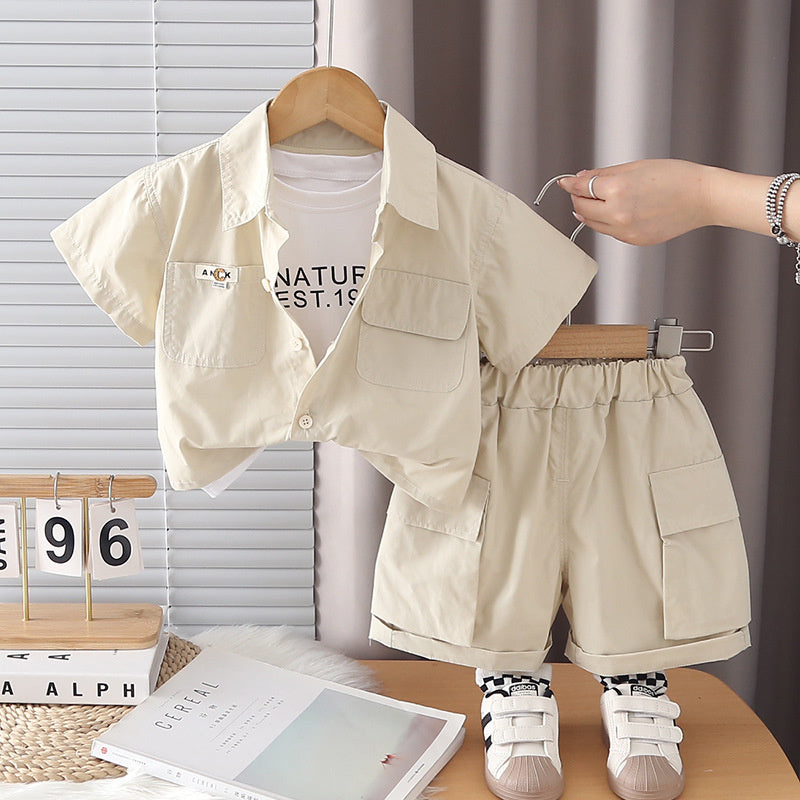 2026 Summer New Boys' Workwear Double-Pocket Short-Sleeve Baby Fashion Korean Style Children's Clothing Three-Piece Set