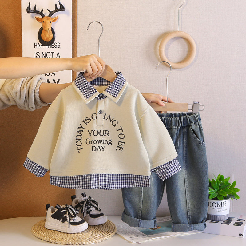 Baby Boy Spring Outfit, Boys' Plaid English Collar Two-Piece Set, Infant and Toddler Clothing, 2026 New Model