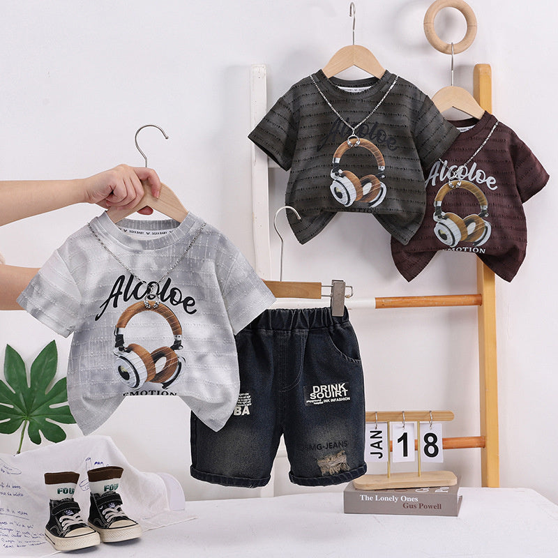 Children's 2026 New Style Boys' Casual Chain Earphone Short Sleeve Clothes Baby Summer Fashion Outfit
