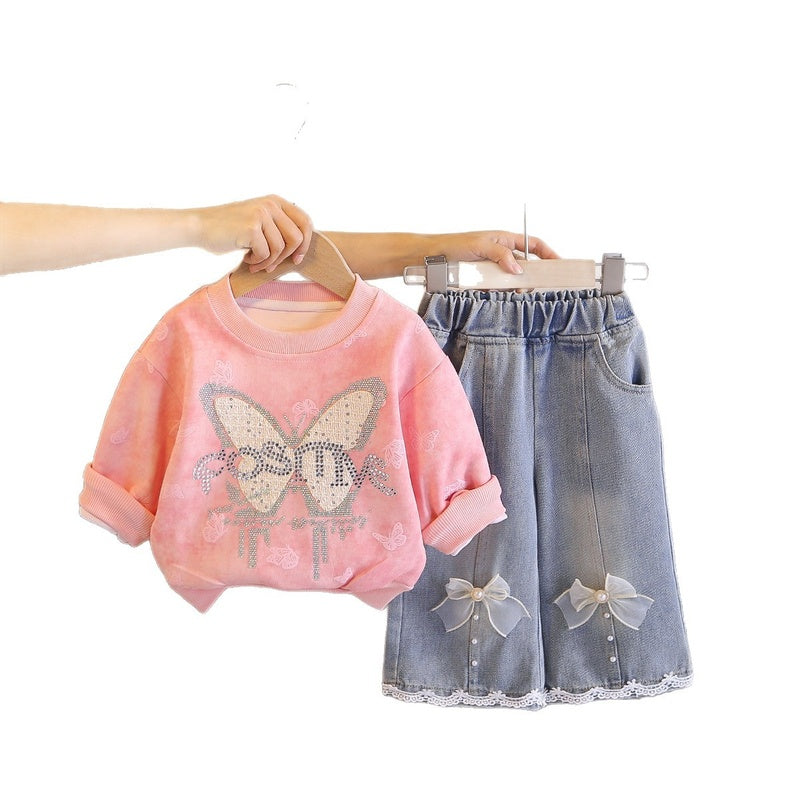 Girls' Outfit Autumn 2026 New Fashionable Children's with Sparkling Rhinestones and Large Bow, Long Sleeve Baby Girl Spring Two-Piece Set Trendy