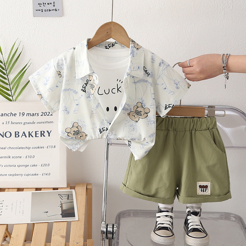 Boys' Outfit 2026 New Short-Sleeve Baby Boy Toddler Clothes Summer Bear Shirt Three-Piece Set Trendy