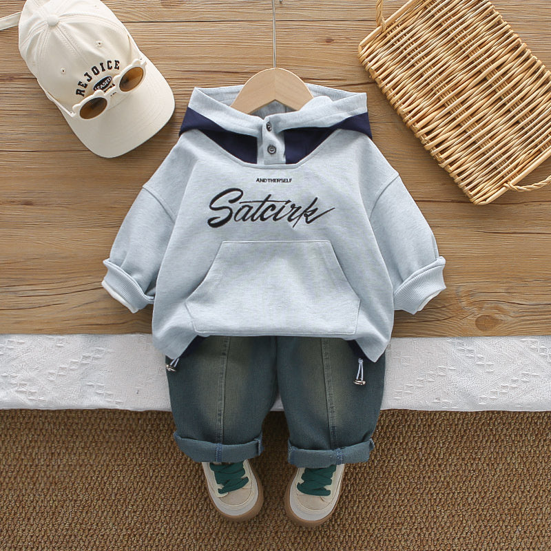 Boys' Spring English Hoodie Sweatshirt Set 2026 New Fashionable Children's Sporty Two-Piece Outfit for Little Boys